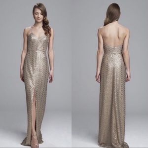 Amsale Gold sequin bridesmaid dress maxi length latte front slit Bachelor